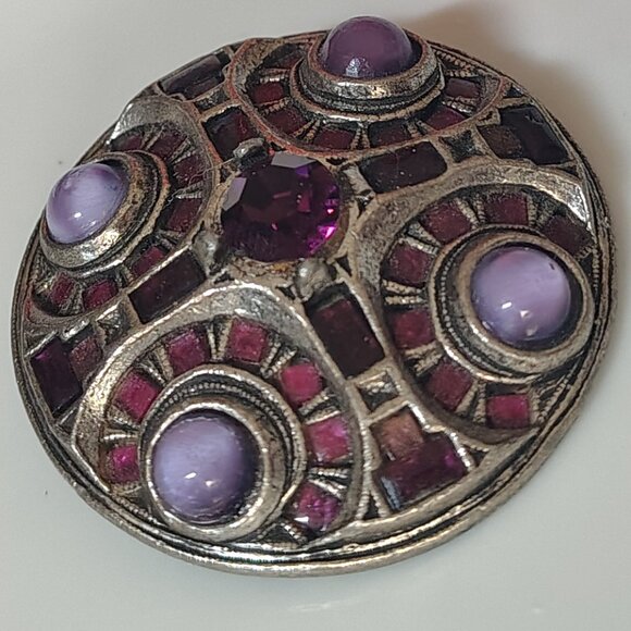Vtg Rare Metal Miracle Britain Celtic Brooch Pendant Purple Glass Stones - Picture 4 of 7
